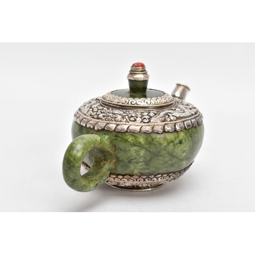 139 - AN ORIENTAL NEPHRITE AND WHITE METAL TEAPOT, polished nephrite body and handle, the top and bottom o... 