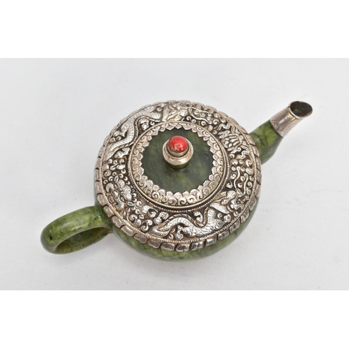 139 - AN ORIENTAL NEPHRITE AND WHITE METAL TEAPOT, polished nephrite body and handle, the top and bottom o... 