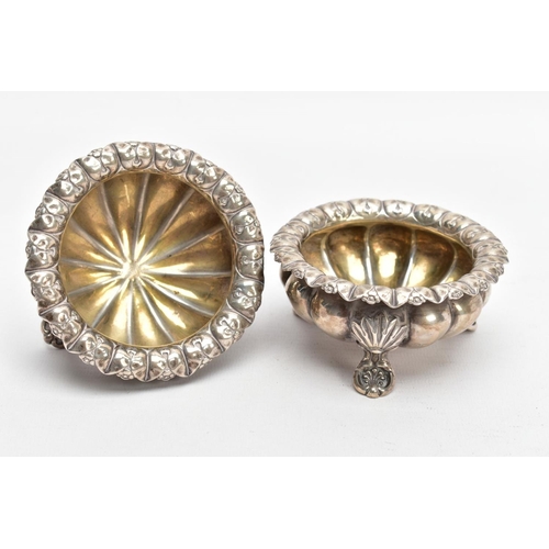 141 - TWO SILVER BONBON DISHES, each with an embossed bowl, worn gilt interior, flower detailed rims, each... 