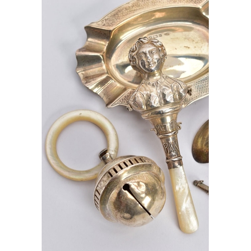 142 - A SELECTION OF SILVER ITEMS, to include two silver oval shaped, engine turned design ashtrays, each ... 