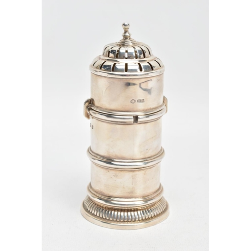 143 - A GEORGE V SILVER SUGAR CASTER, plain polished lighthouse shape caster, ball finial detail with a pi... 