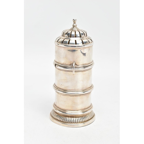 143 - A GEORGE V SILVER SUGAR CASTER, plain polished lighthouse shape caster, ball finial detail with a pi... 