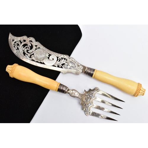 145 - A VICTORIAN SILVER AND IVORY HANDLED FISH KNIFE AND FORK SERVERS, pierced detailed blades, with an e... 