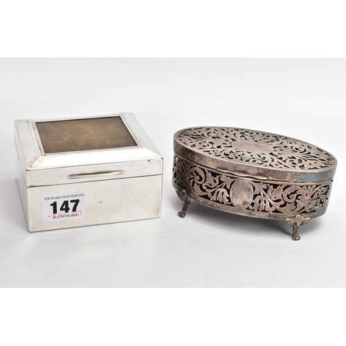 147 - A GEORGE V SILVER LINED, SQUARE CIGARETTE BOX AND A PIERCED OVAL VANITY BOX, engine turned design se... 