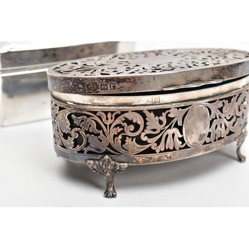 147 - A GEORGE V SILVER LINED, SQUARE CIGARETTE BOX AND A PIERCED OVAL VANITY BOX, engine turned design se... 