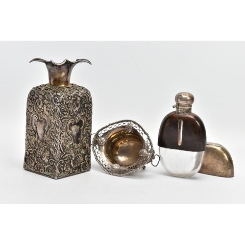 150 - A SELECTION OF SILVER AND WHITE METAL ITEMS, to include an AF glass and silver lined decanter, with ... 