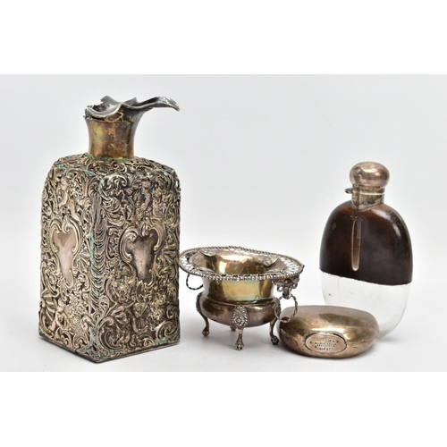 150 - A SELECTION OF SILVER AND WHITE METAL ITEMS, to include an AF glass and silver lined decanter, with ... 