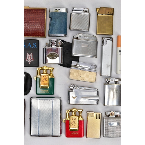 155 - A BOX OF LIGHTERS AND CIGARETTE CASES, to include twenty lighters in total with brands such as 'Rons... 