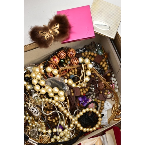 157 - A BOX OF MOSTLY COSTUME JEWELLERY, to include various brooches such as white metal marcasite flowers... 