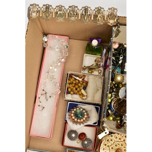 157 - A BOX OF MOSTLY COSTUME JEWELLERY, to include various brooches such as white metal marcasite flowers... 