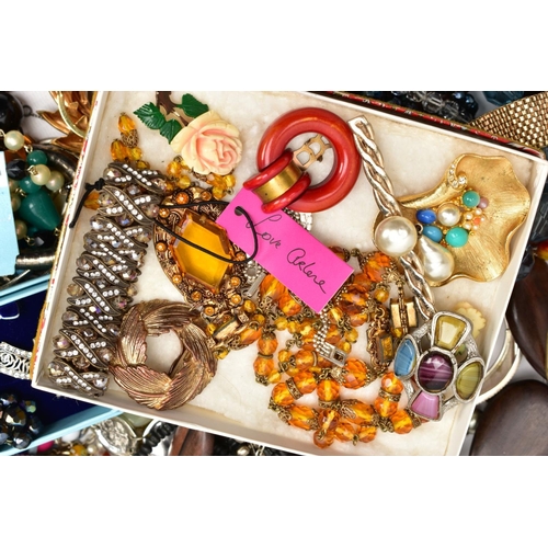 158 - A BOX OF COSTUME JEWELLERY, to include various beaded necklaces and bracelets, earrings, bangles, br... 