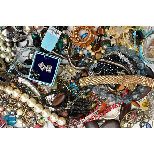 158 - A BOX OF COSTUME JEWELLERY, to include various beaded necklaces and bracelets, earrings, bangles, br... 