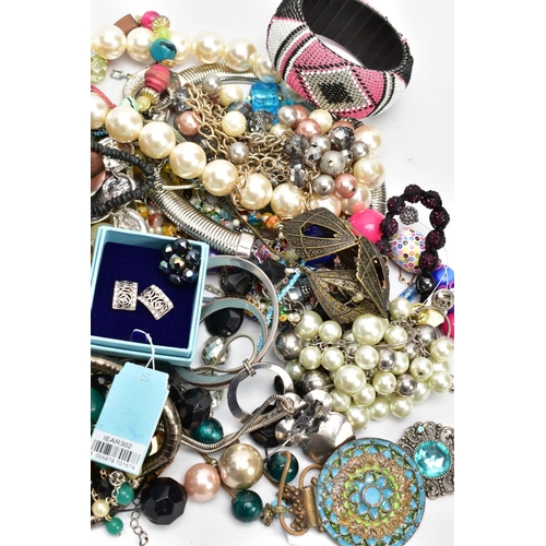 158 - A BOX OF COSTUME JEWELLERY, to include various beaded necklaces and bracelets, earrings, bangles, br... 