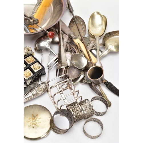 159 - A BOX OF ASSORTED WHITE METAL WARE AND A BAG OF COSTUME JEWELLERY, to include a round white metal en... 