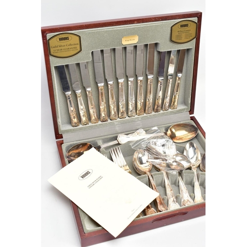 160 - A COMPLETE CANTEEN OF VINERS SILVER-PLATED CUTLERY, wooden canteen opens to reveal a light blue inte... 