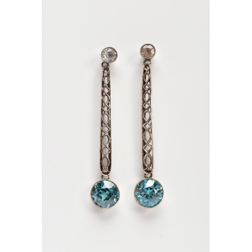 165 - A PAIR OF 9CT WHITE GOLD GEM SET DROP EARRINGS, set with colourless topaz atop of an openwork bar dr... 