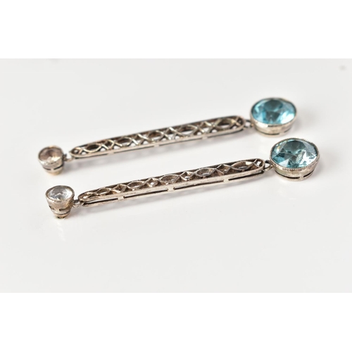 165 - A PAIR OF 9CT WHITE GOLD GEM SET DROP EARRINGS, set with colourless topaz atop of an openwork bar dr... 