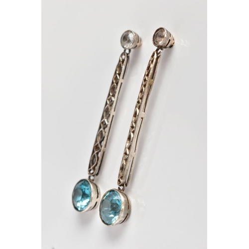 165 - A PAIR OF 9CT WHITE GOLD GEM SET DROP EARRINGS, set with colourless topaz atop of an openwork bar dr... 