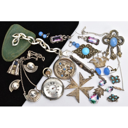 166 - A SELECTION OF WHITE METAL JEWELLERY AND A POCKET WATCH, to include a pair of white metal ball stud ... 