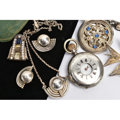 166 - A SELECTION OF WHITE METAL JEWELLERY AND A POCKET WATCH, to include a pair of white metal ball stud ... 