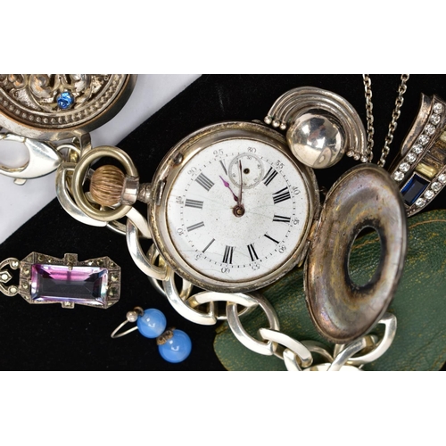 166 - A SELECTION OF WHITE METAL JEWELLERY AND A POCKET WATCH, to include a pair of white metal ball stud ... 