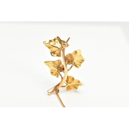 168 - A YELLOW METAL VINE LEAF BROOCH, textured vine leaves on a plain polished stem, fitted with a brooch... 