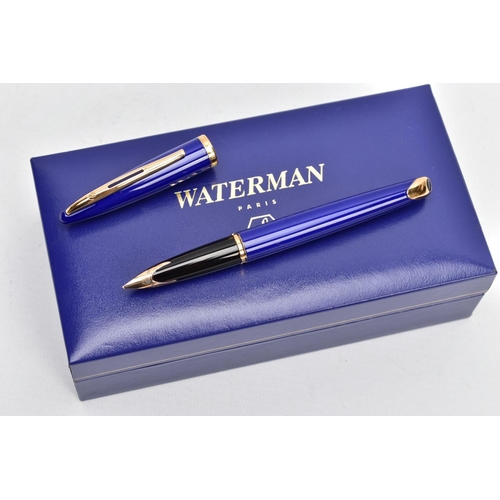 176 - A BOXED WATERMAN CARENE FOUNTAIN PEN, gloss blue body and gold trim detail, 18k gold nib, together w... 