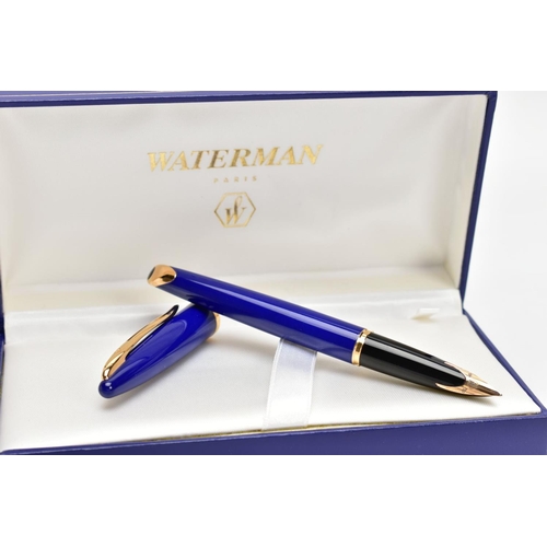 176 - A BOXED WATERMAN CARENE FOUNTAIN PEN, gloss blue body and gold trim detail, 18k gold nib, together w... 