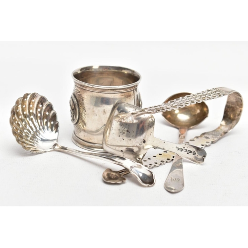 177 - A SELECTION OF SILVER AND UNMARKED PIECES, to include a Georgian fiddle pattern caddy spoon, engrave... 