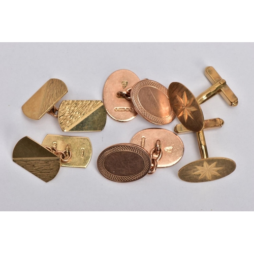 18 - THREE PAIRS OF GOLD CUFFLINKS, the first pair of chain link oval design, the second pair of curved r... 