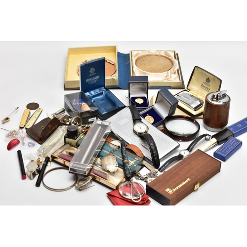 189 - A BOX OF MISCELLANEOUS ITEMS, to include a silver 'Brandy' decanter label, hallmarked 'Colen Hewer C... 