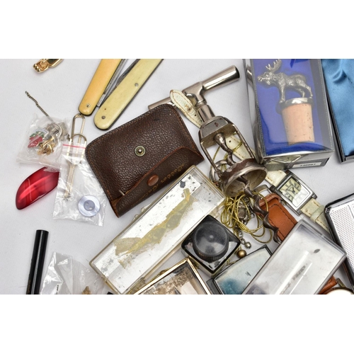 189 - A BOX OF MISCELLANEOUS ITEMS, to include a silver 'Brandy' decanter label, hallmarked 'Colen Hewer C... 