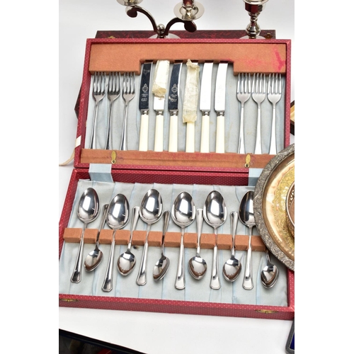 190 - A BOX OF ASSORTED WHITE METAL WARE, to include a boxed three piece 'Walker & Hall' serving set compr... 