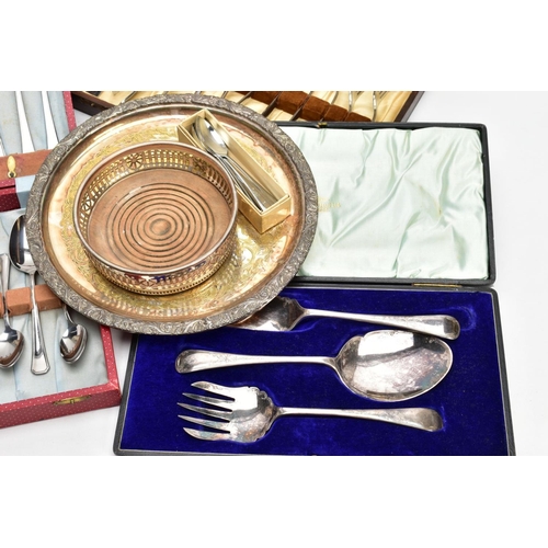 190 - A BOX OF ASSORTED WHITE METAL WARE, to include a boxed three piece 'Walker & Hall' serving set compr... 