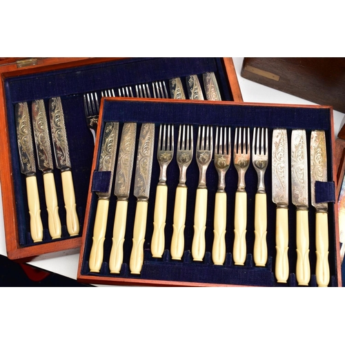 191 - THREE CANTEENS OF CUTLERY, to include a complete EPNS oak with brass detailing canteen, inlayed bras... 