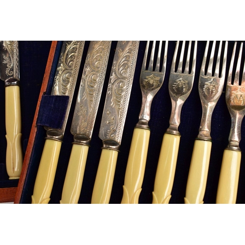 191 - THREE CANTEENS OF CUTLERY, to include a complete EPNS oak with brass detailing canteen, inlayed bras... 