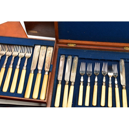 191 - THREE CANTEENS OF CUTLERY, to include a complete EPNS oak with brass detailing canteen, inlayed bras... 