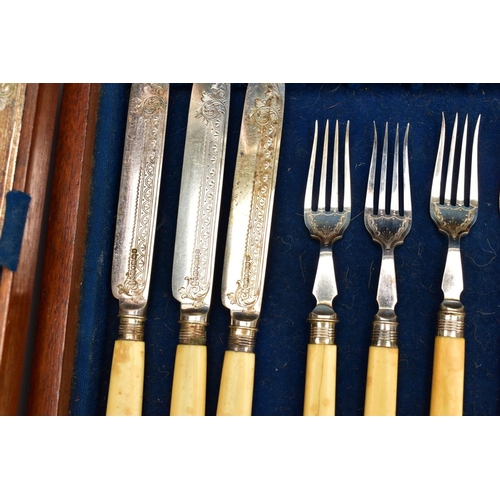 191 - THREE CANTEENS OF CUTLERY, to include a complete EPNS oak with brass detailing canteen, inlayed bras... 