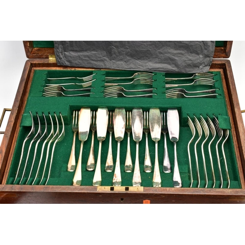 191 - THREE CANTEENS OF CUTLERY, to include a complete EPNS oak with brass detailing canteen, inlayed bras... 