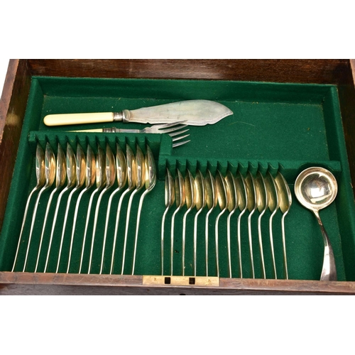 191 - THREE CANTEENS OF CUTLERY, to include a complete EPNS oak with brass detailing canteen, inlayed bras... 