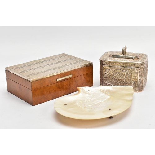 194 - A CIGARETTE BOX, A WHITE METAL BOX AND A OYSTER SHELL TRINKET DISH, the wooden cigarette box mounted... 