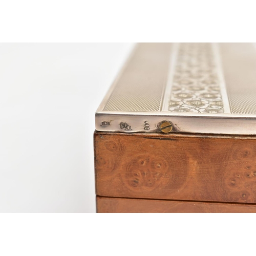 194 - A CIGARETTE BOX, A WHITE METAL BOX AND A OYSTER SHELL TRINKET DISH, the wooden cigarette box mounted... 