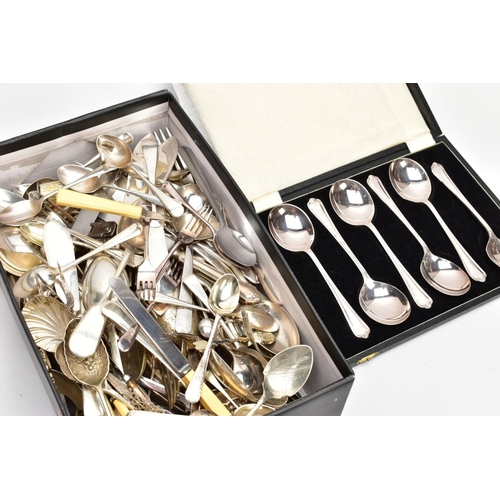 195 - A BOX OF ASSORTED CASED SETS OF WHITE METAL CUTLERY, cased sets to include, serving spoons, knives a... 