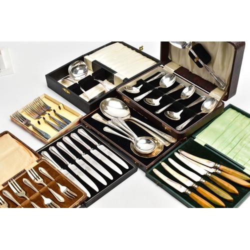 195 - A BOX OF ASSORTED CASED SETS OF WHITE METAL CUTLERY, cased sets to include, serving spoons, knives a... 