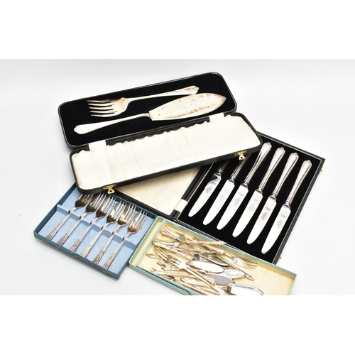 195 - A BOX OF ASSORTED CASED SETS OF WHITE METAL CUTLERY, cased sets to include, serving spoons, knives a... 