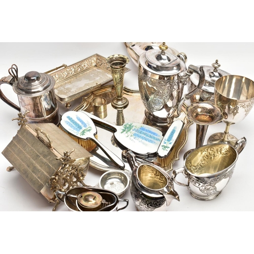 196 - A BOX OF WHITE METAL WARE, to include a wavy square shaped salver with an engraved centre, an emboss... 