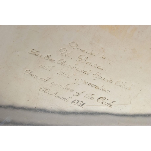 196 - A BOX OF WHITE METAL WARE, to include a wavy square shaped salver with an engraved centre, an emboss... 