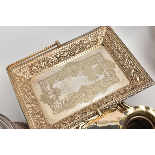 196 - A BOX OF WHITE METAL WARE, to include a wavy square shaped salver with an engraved centre, an emboss... 