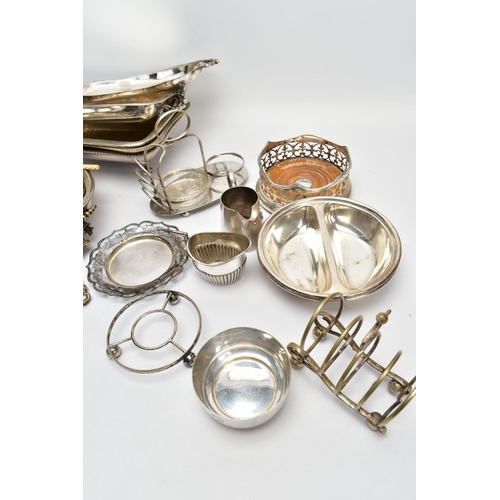 200 - A BOX OF ASSORTED WHITE METAL WARE AND OTHER ITEMS, to include various EPNS and EP entree dishes, to... 