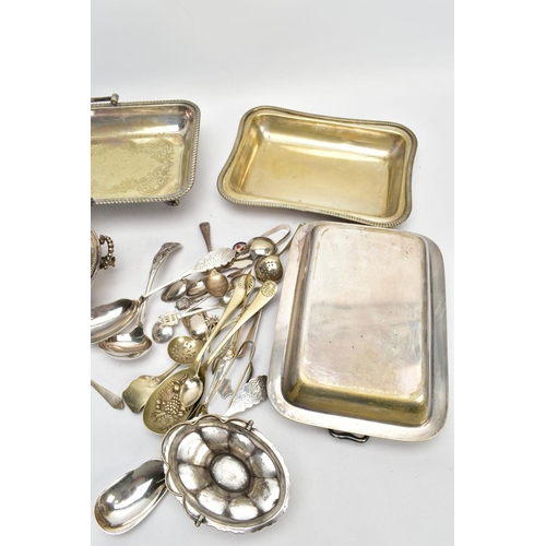 200 - A BOX OF ASSORTED WHITE METAL WARE AND OTHER ITEMS, to include various EPNS and EP entree dishes, to... 